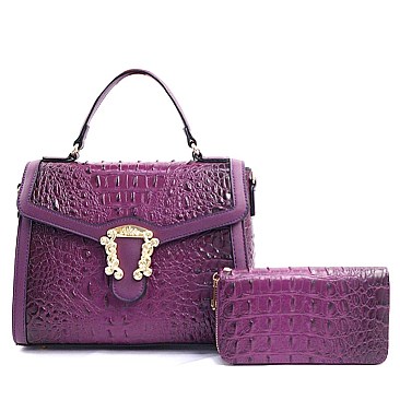 2 in 1 Crocodile Buckeled - Medium Size Satchel Wallet Set