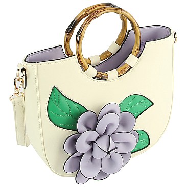 3D Flower Bamboo Round Handle Hobo Satchel