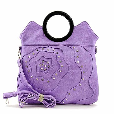 Flower Studded Design Circle Handle Tote