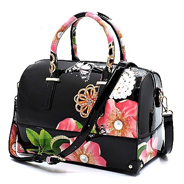 2-in-1 Glossy Flower Printed Boston Satchel Set