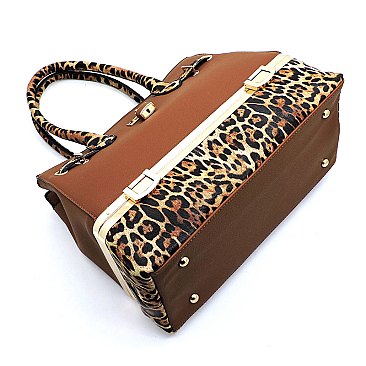 2-in-1 Leopard Compartment Padlock Boxy Satchel