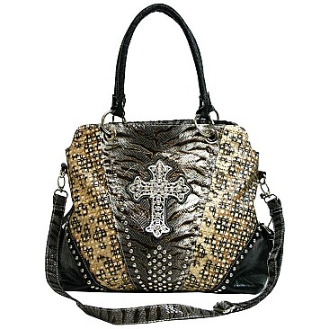 Laser Cut Cross Stoned Accented Handbag