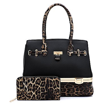 2-in-1 Leopard Compartment Padlock Boxy Satchel