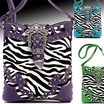 Rhinestone Buckle Zebra Cross Body