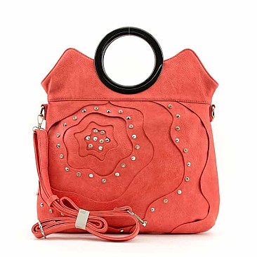 Flower Studded Design Circle Handle Tote