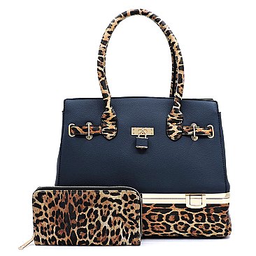 2-in-1 Leopard Compartment Padlock Boxy Satchel