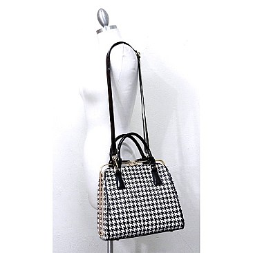 Houndstooth Metal Framed Sliding-Lock Satchel