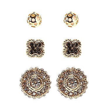 VE1477-LP Glass Rhinestone Ball Clover 3 Pair Earring SET