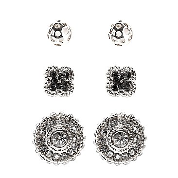 VE1477-LP Glass Rhinestone Ball Clover 3 Pair Earring SET