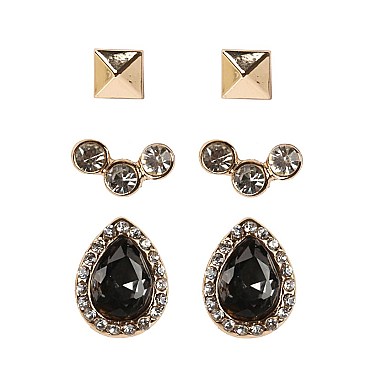 VE1481-LP Glass Rhinestone 3 Pair Post Earring SET