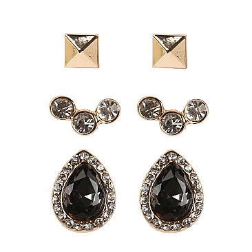 VE1481-LP Glass Rhinestone 3 Pair Post Earring SET