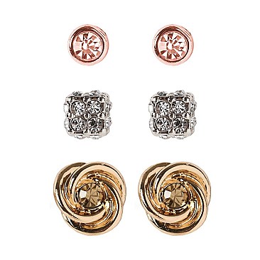 VE1482-LP Love-knot Glass Rhinestone 3 Pair Post Earring SET