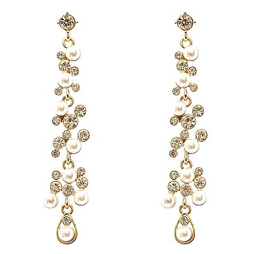VE1627-LP Glass Rhinestone Plastic Pearl Flower Drop Post Earring