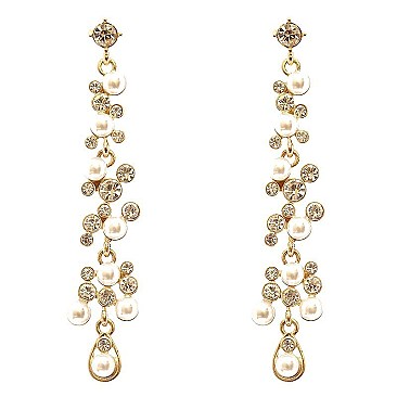 VE1627-LP Glass Rhinestone Plastic Pearl Flower Drop Post Earring