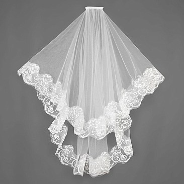 FASHIONABLE 2 TIER WEDDING VEIL W/ FLORAL LACE APPLIQUE EDGE SLVEIL948