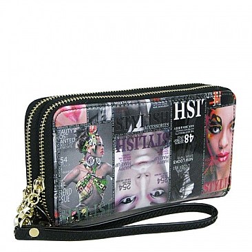 Magazine Print Double Zip-around Wallet