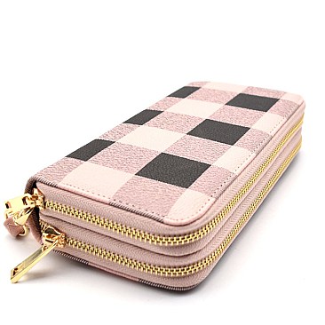 W0095GZ-LP Checker Plaid Print Double Zipper Wristlet Wallet