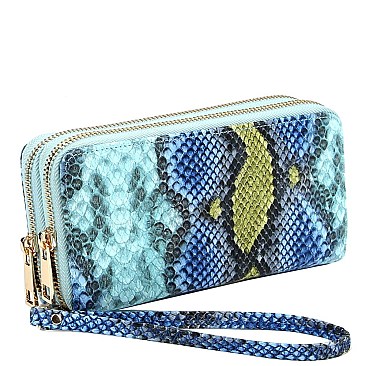 Double Zip-Around Snake Print Wallet