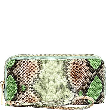 Double Zip-Around Snake Print Wallet