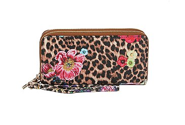 Dual Zipper Wallet with Hand Strap in Leopard Floral Design