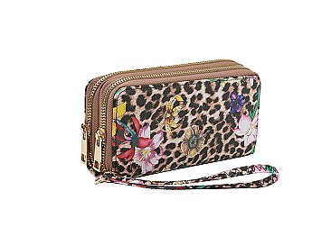 Dual Zipper Wallet with Hand Strap in Leopard Floral Design