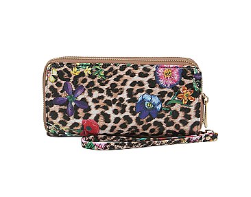 Dual Zipper Wallet with Hand Strap in Leopard Floral Design