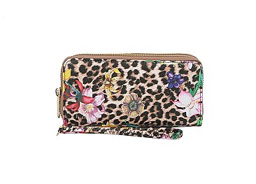 Dual Zipper Wallet with Hand Strap in Leopard Floral Design