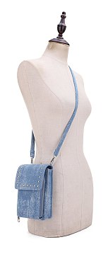Studded Denim Cell Phone Crossbody Bag