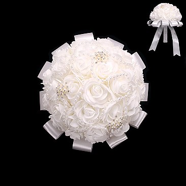 PEARL RIBBON ROSE WEDDING BOUQUET SLWED9383