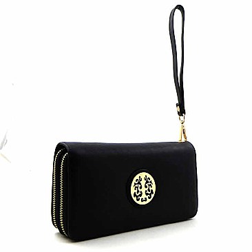 Double Zipper Emblem Accent Wristlet Wallet