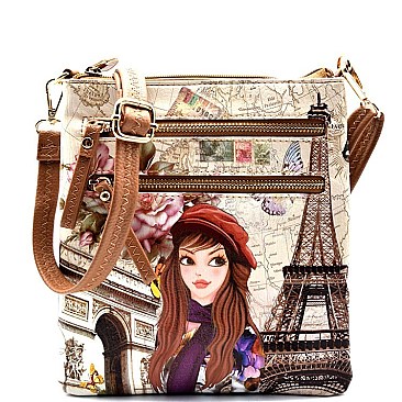 Illustration Multi Pocket Tall Cross Body Messenger