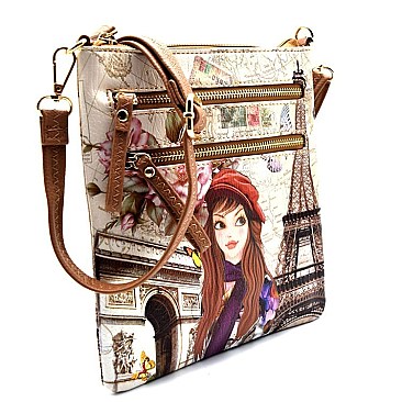 Illustration Multi Pocket Tall Cross Body Messenger