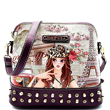 Rhinestone Embellished Illustration Messenger