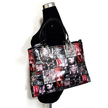 Hardware Accent Patent Fashion Magazine Print Tote