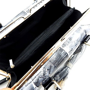 Magazine Print Metal Frame Slide Clap Satchel