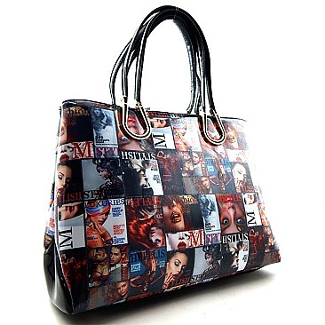 Hardware Accent Patent Fashion Magazine Print Tote