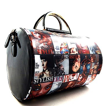 Magazine Print Metal Handle Cylinder Shape Satchel