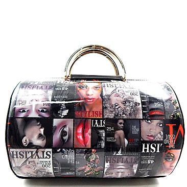 Magazine Print Metal Handle Cylinder Shape Satchel