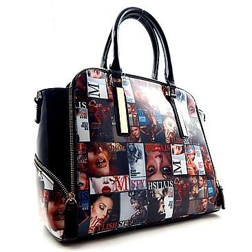 Magazine Print Zipper End Accented Tote - Hot