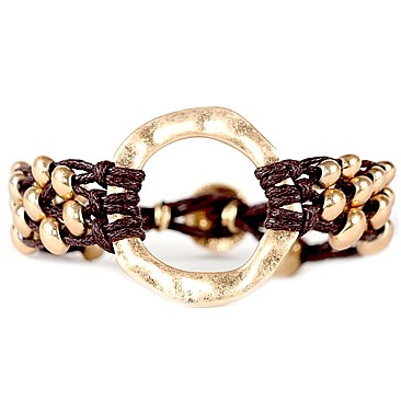 XB1183-LP Hammered Metal Ring Wax Cord Metal Bead Bracelet