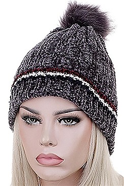 PACK OF 12 FASHION FLEECE LINED POMPOM BEANIES