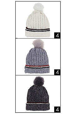 PACK OF 12 FASHION ASSORTED COLOR FLEECE LINED POMPOM BEANIES