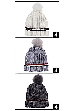 PACK OF 12 FASHION FLEECE LINED POMPOM BEANIES