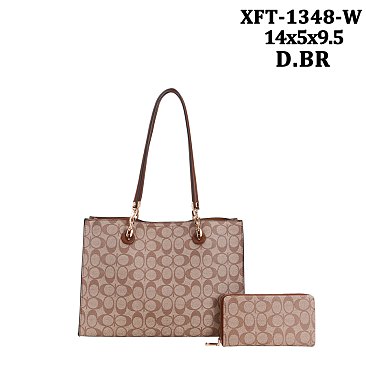 2-IN1 Oval Pattern Large Size Shoulder Tote Bag w Wallet Set