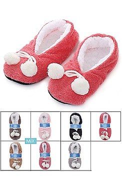 PACK OF 12 CUTE ASSORTED POM POM INDOOR FUZZY SLIPPER