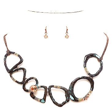 XS0793-LP Glass Bead 18" Wire Wrap Open-cut Metal Statement Necklace SET