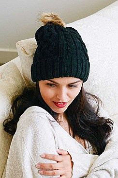 FAUX FUR POM CABLE KNIT BEANIE