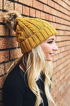 FAUX FUR POM CABLE KNIT BEANIE