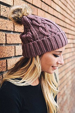 FAUX FUR POM CABLE KNIT BEANIE