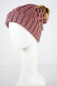 FAUX FUR POM CABLE KNIT BEANIE